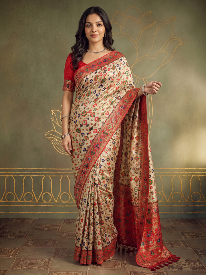 Cream Satin Woven Saree