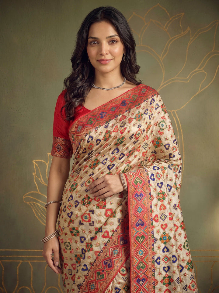 Cream Satin Woven Saree