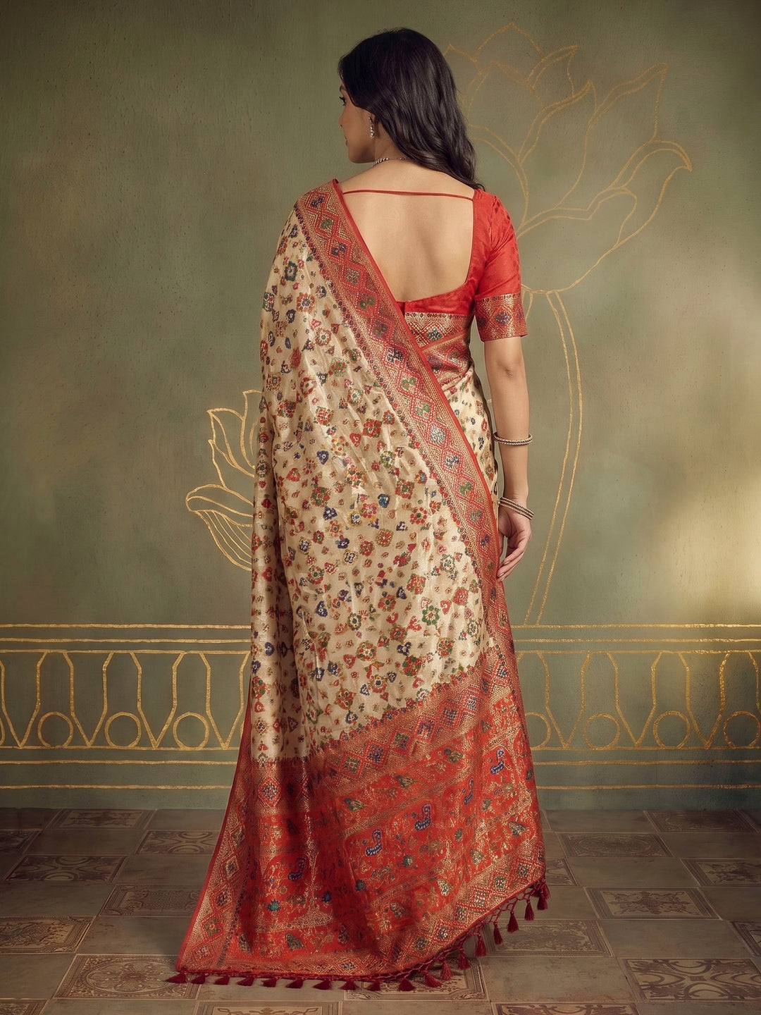 Cream Satin Woven Saree