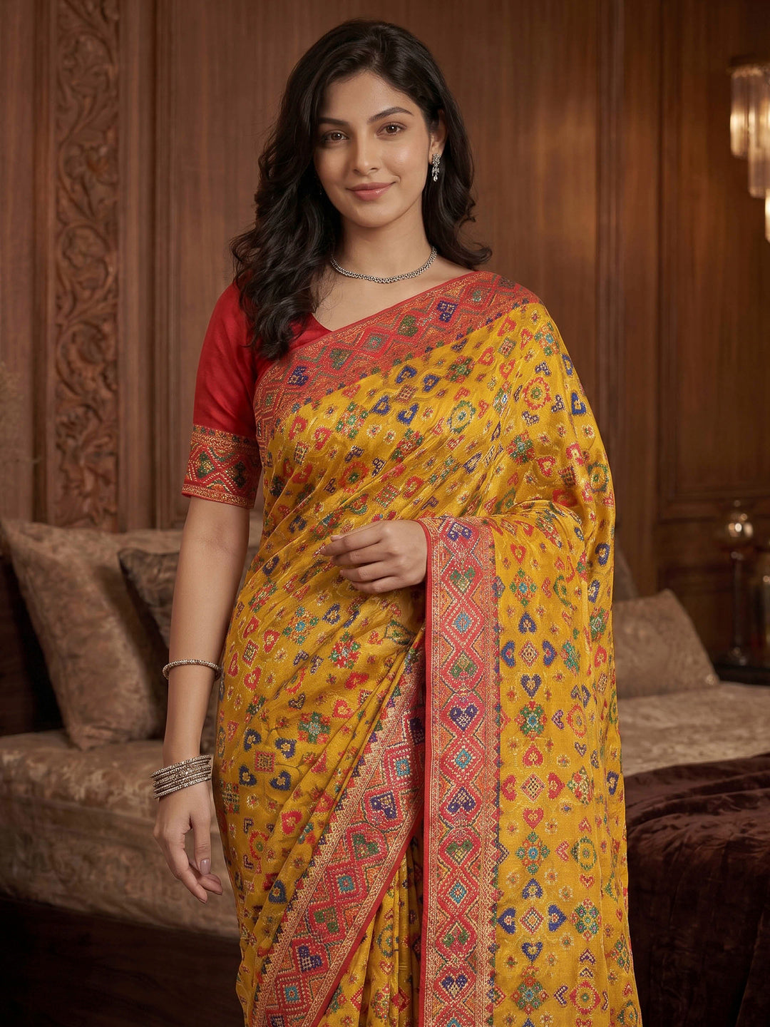 Mustard Satin Woven Saree