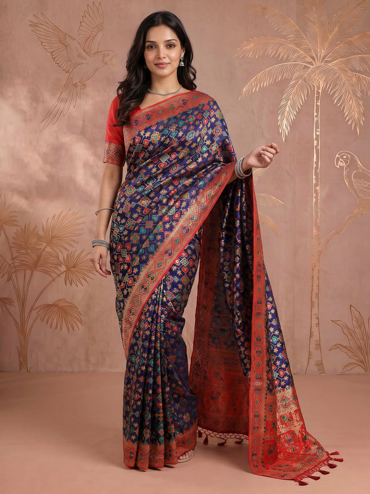 Navy Blue Satin Woven Saree