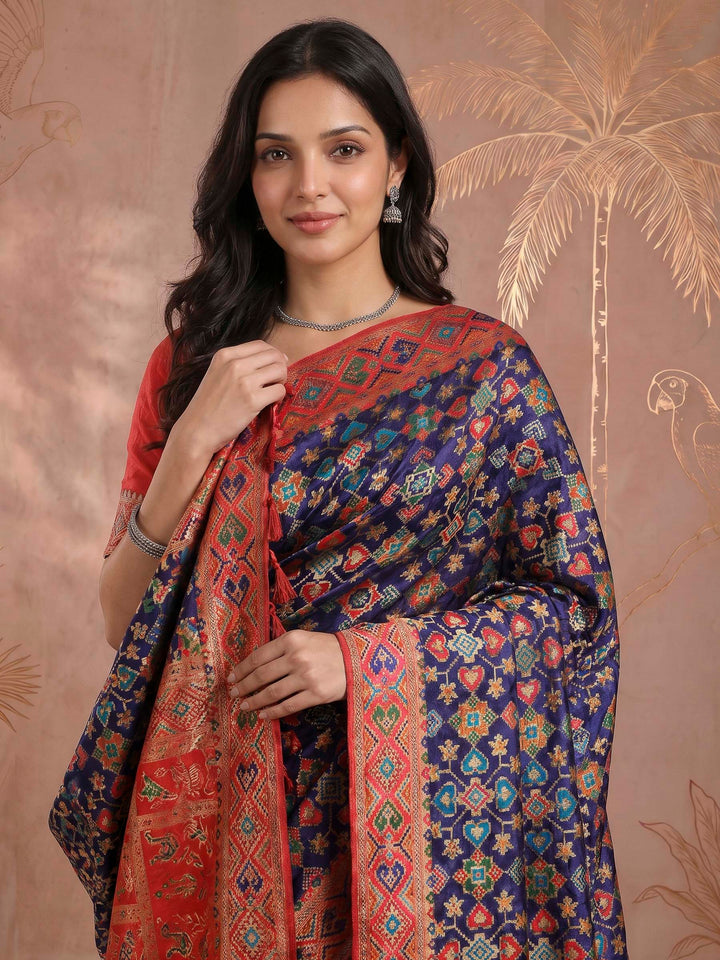 Navy Blue Satin Woven Saree