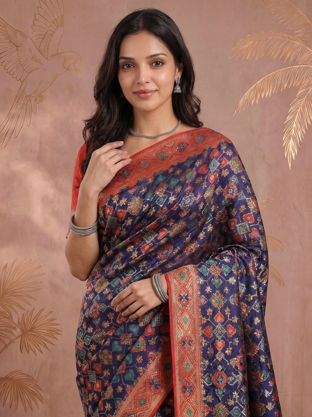 Navy Blue Satin Woven Saree