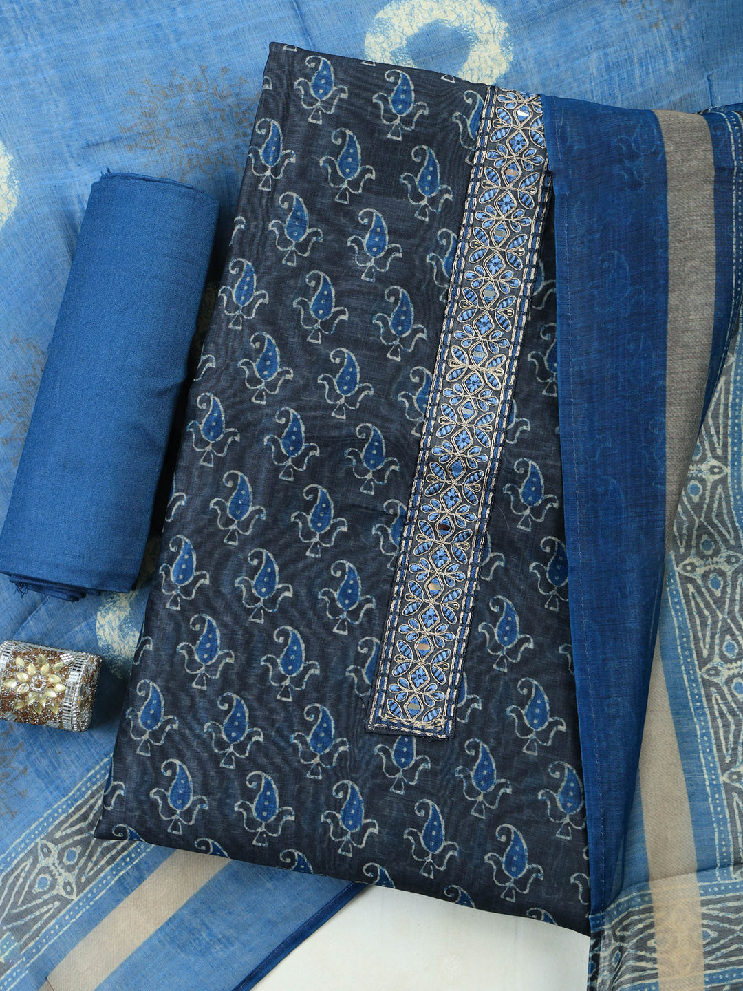 Blue Art Silk Plain Unstitched Dress Material