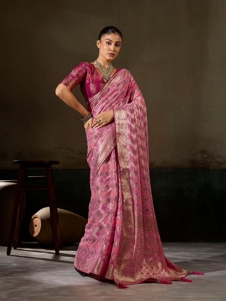 Pink Georgette Woven Sarees