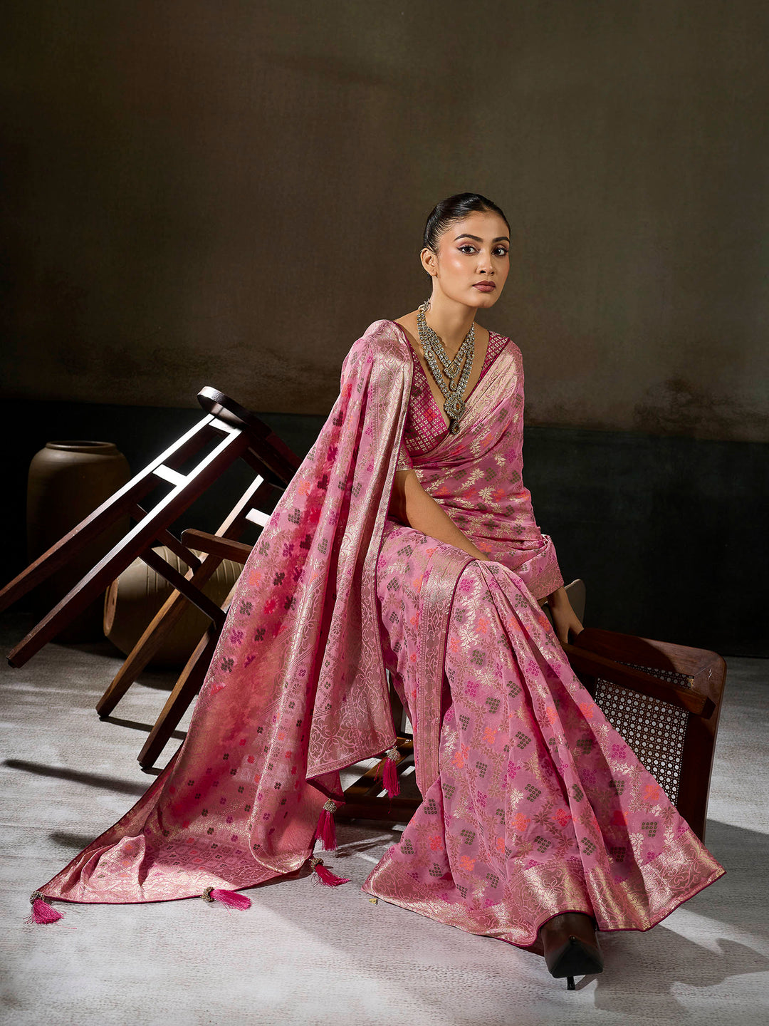 Pink Georgette Woven Sarees