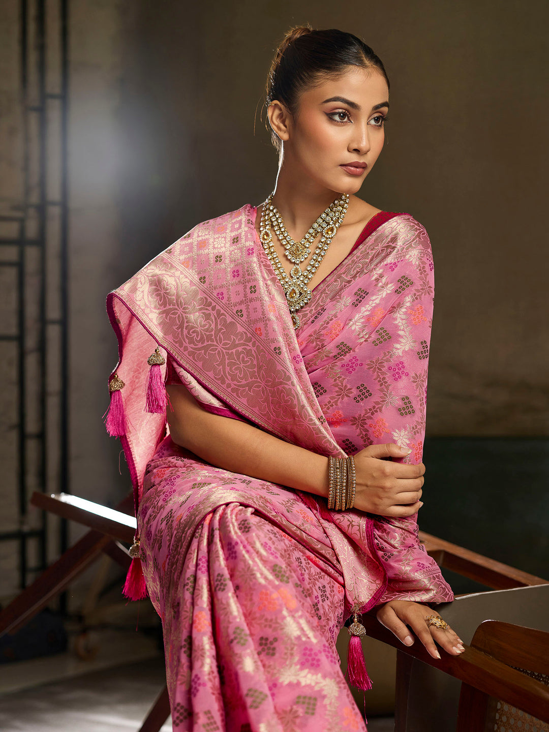 Pink Georgette Woven Sarees