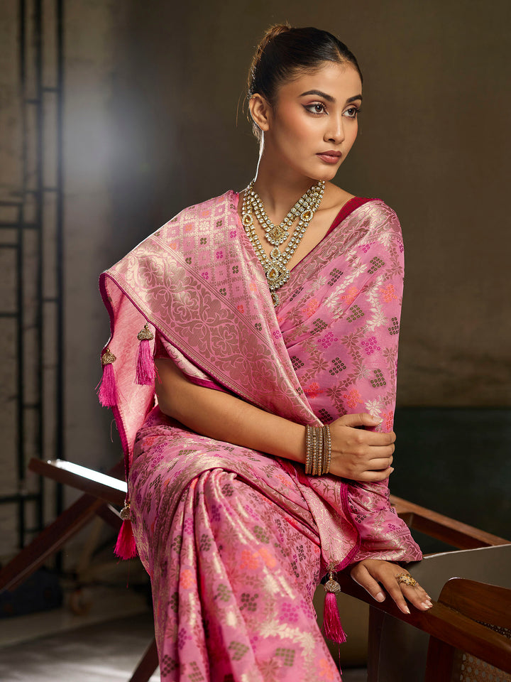 Pink Georgette Woven Sarees