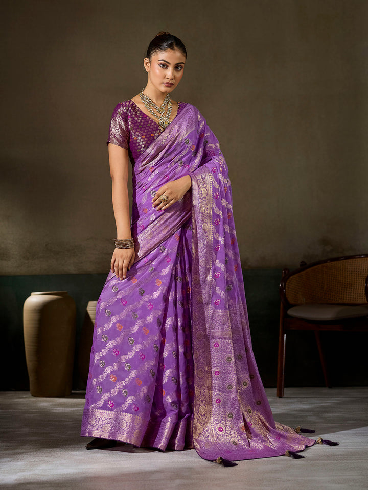 Lavender Georgette Woven Sarees