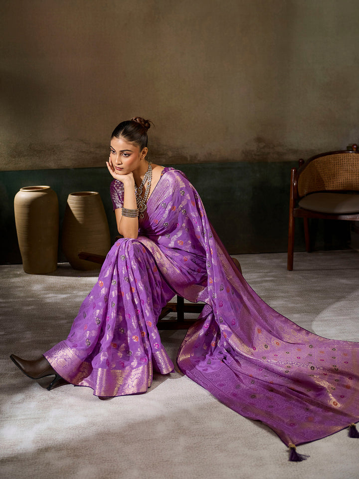 Lavender Georgette Woven Sarees