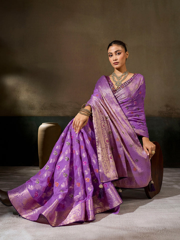 Lavender Georgette Woven Sarees