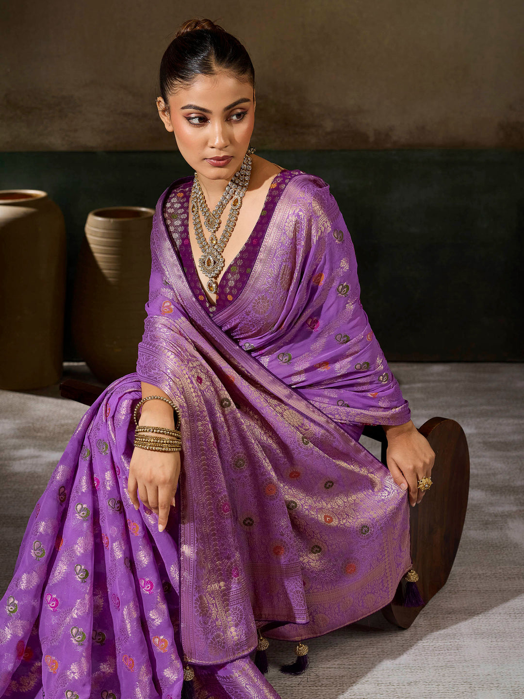 Lavender Georgette Woven Sarees
