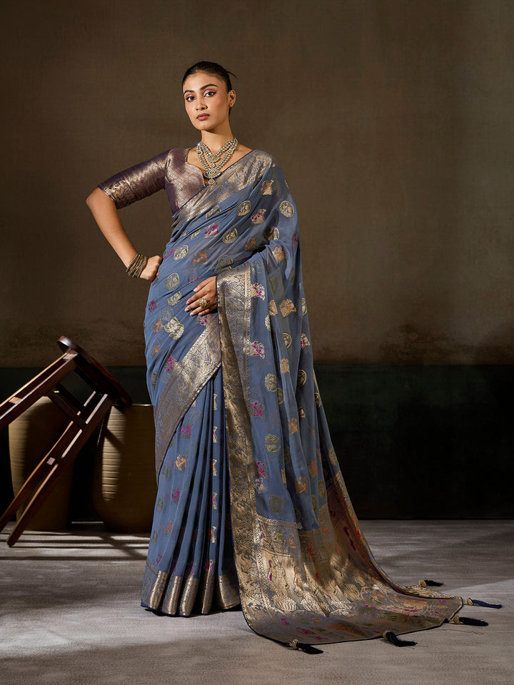 Steel-Grey Georgette Woven Sarees