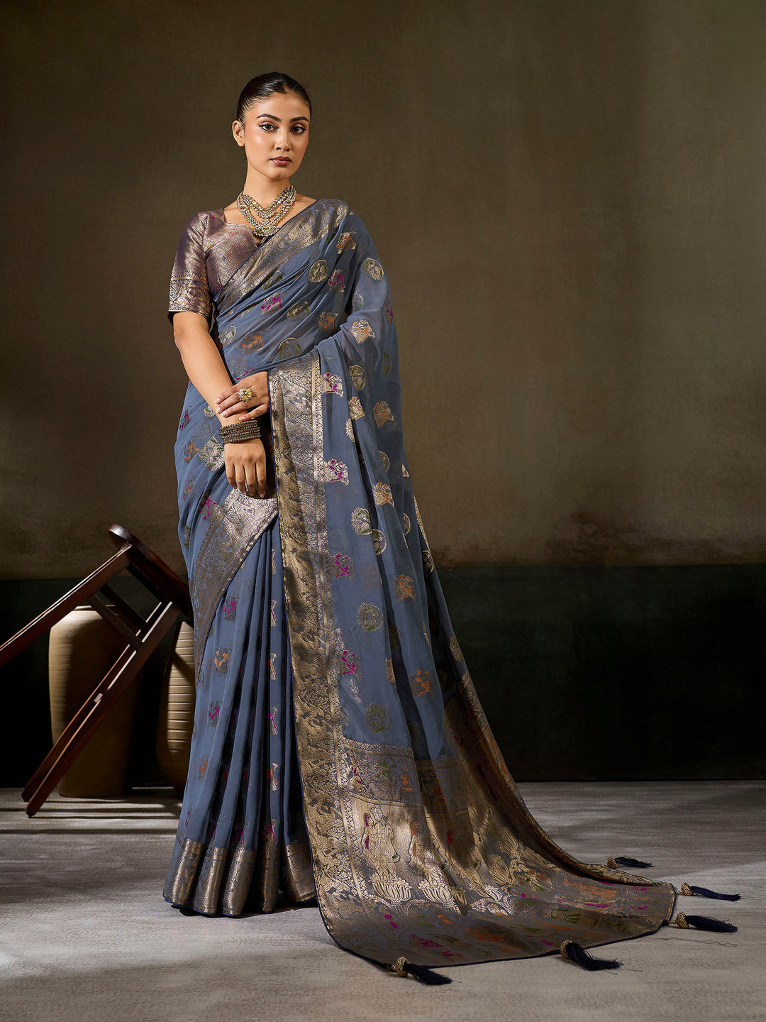 Steel-Grey Georgette Woven Sarees