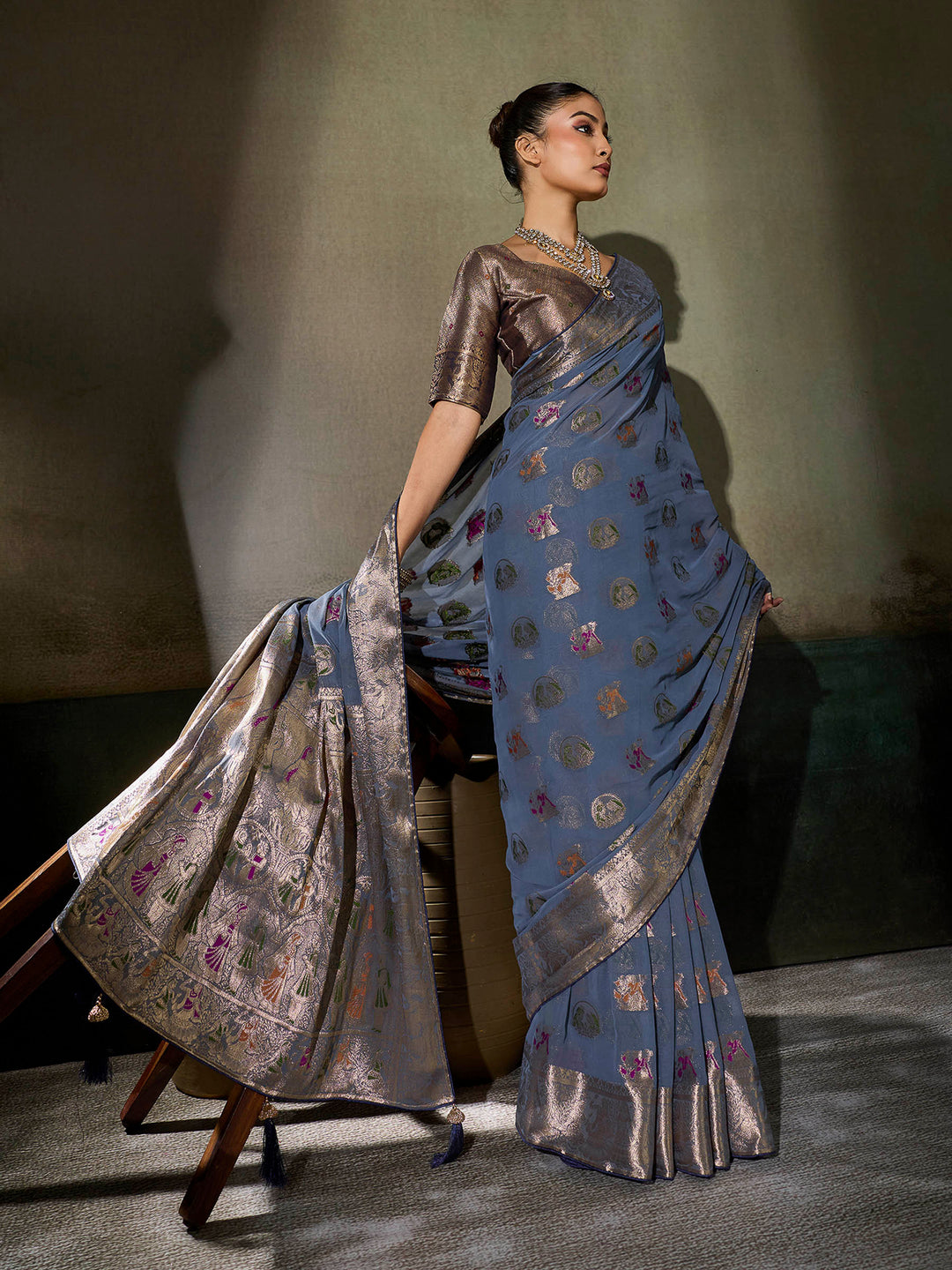 Steel-Grey Georgette Woven Sarees