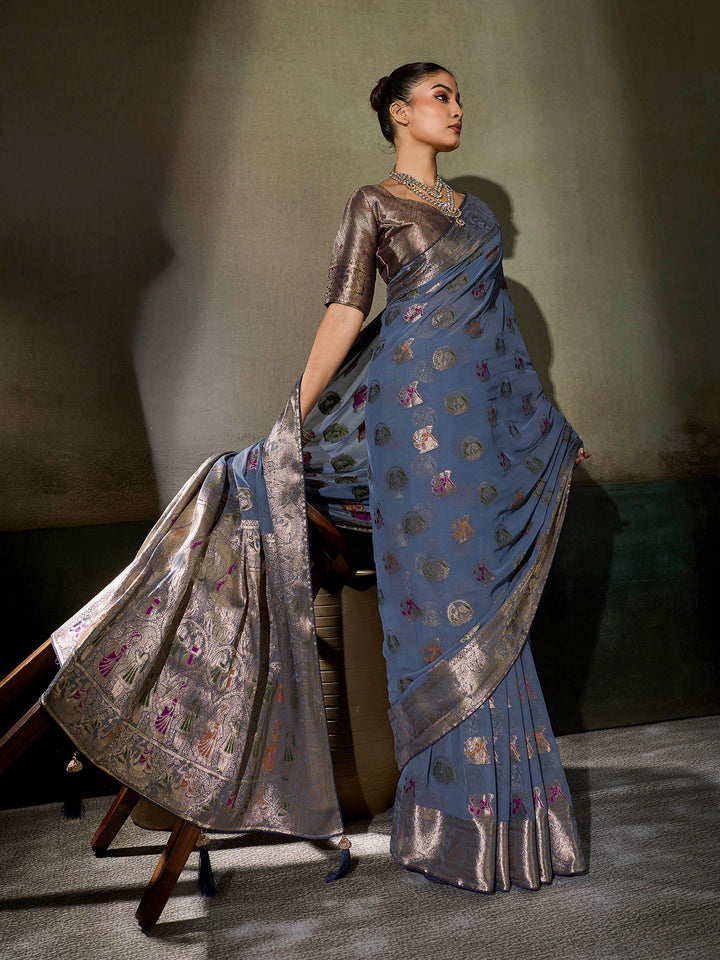 Steel-Grey Georgette Woven Sarees