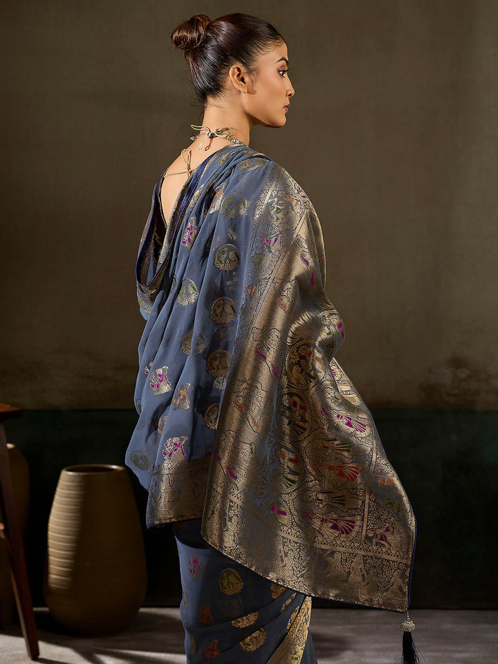 Steel-Grey Georgette Woven Sarees