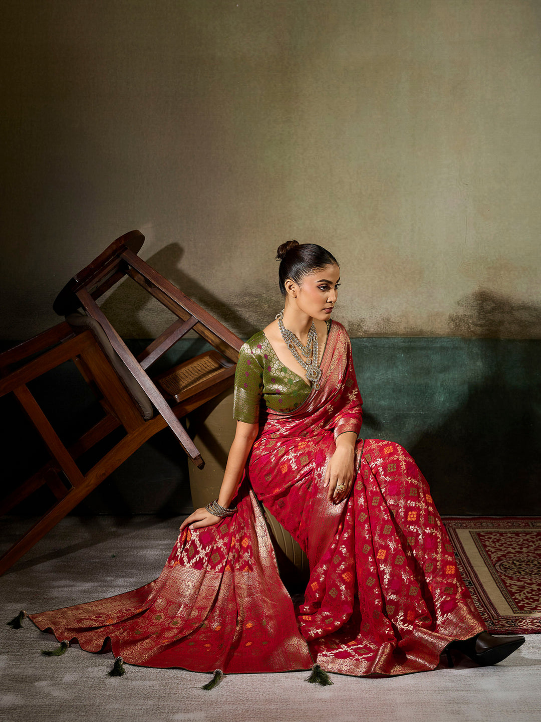 Red Georgette Woven Sarees