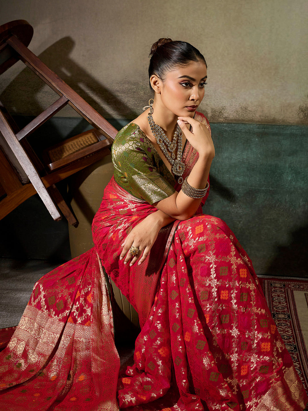 Red Georgette Woven Sarees