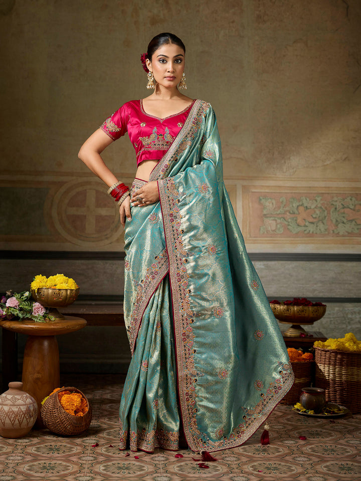 Turquoise Art Silk Embroidered Sarees