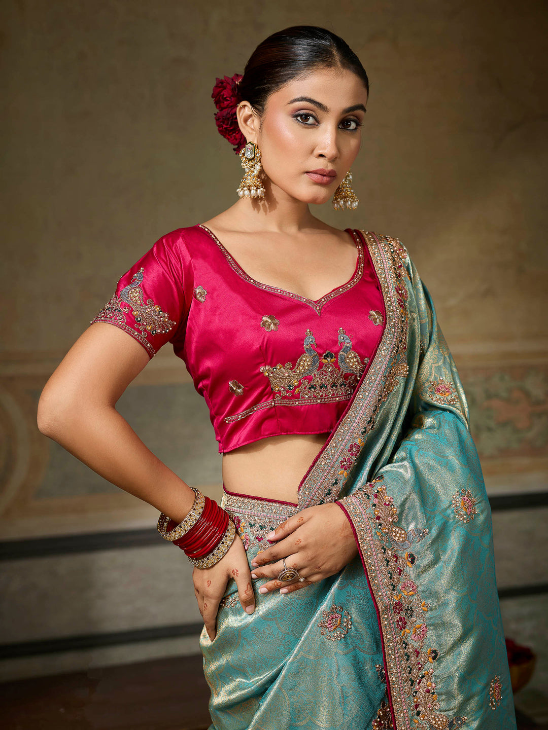 Turquoise Art Silk Embroidered Sarees