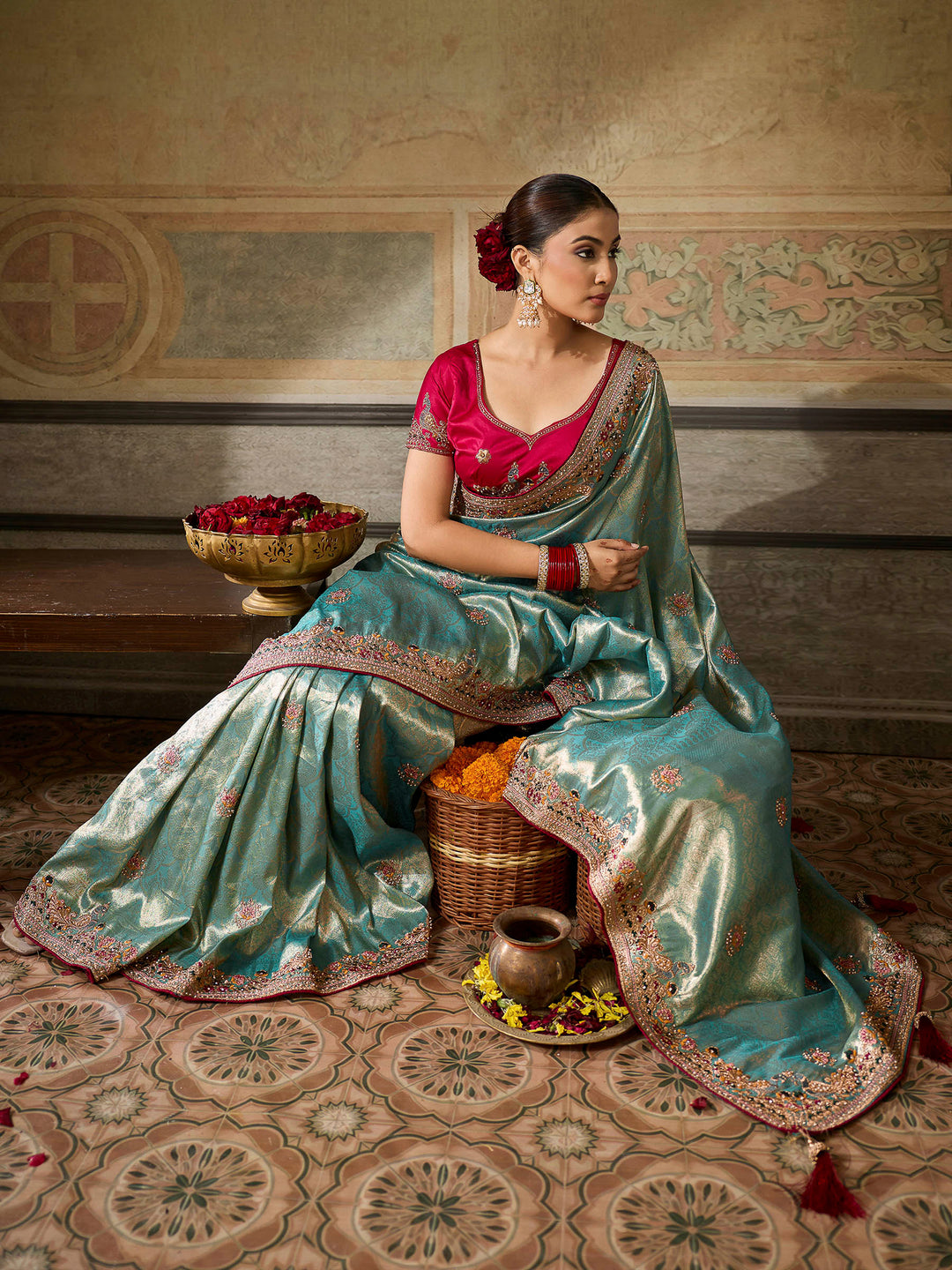 Turquoise Art Silk Embroidered Sarees