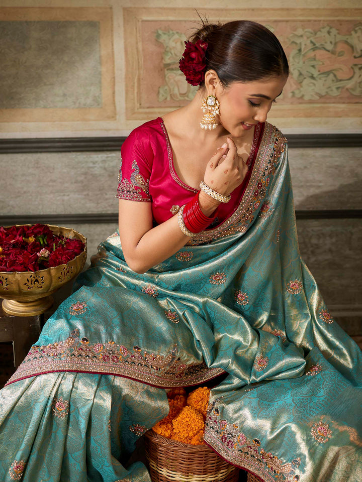 Turquoise Art Silk Embroidered Sarees