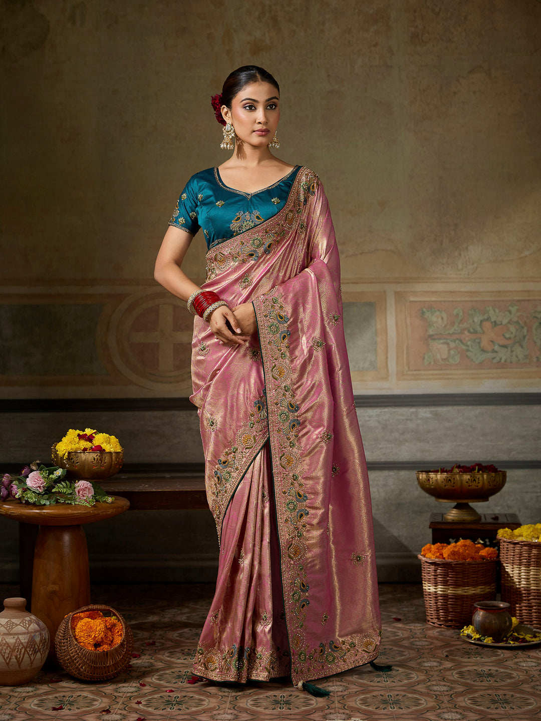 Pink Art Silk Embroidered Sarees