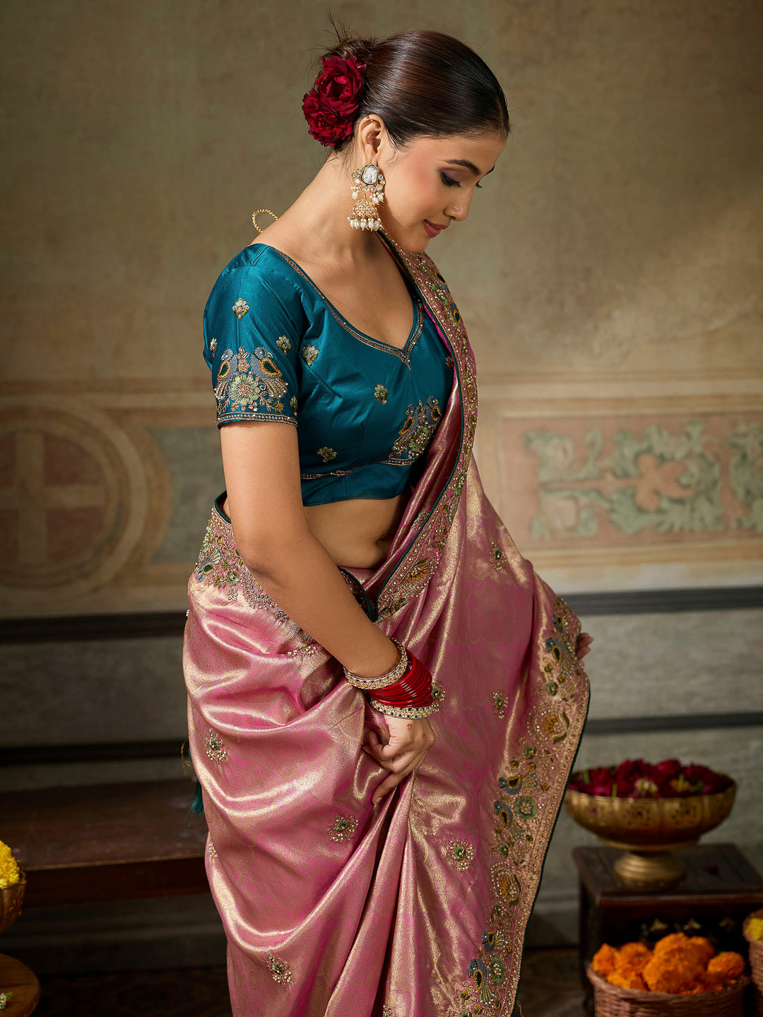 Pink Art Silk Embroidered Sarees