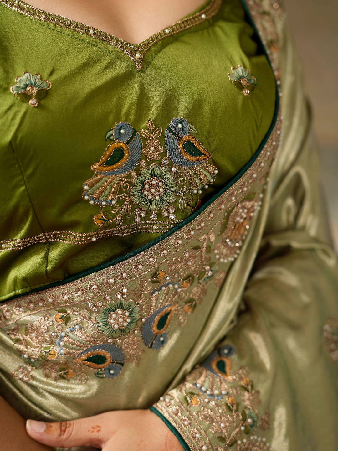 Olive-Green Art Silk Embroidered Sarees