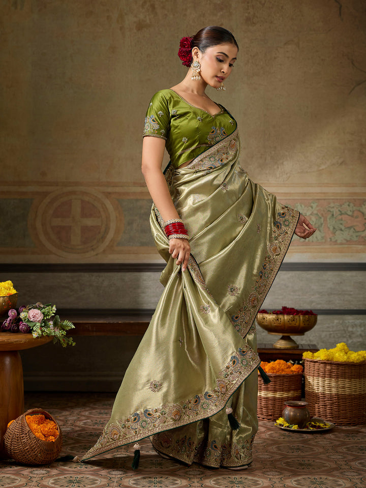 Olive-Green Art Silk Embroidered Sarees