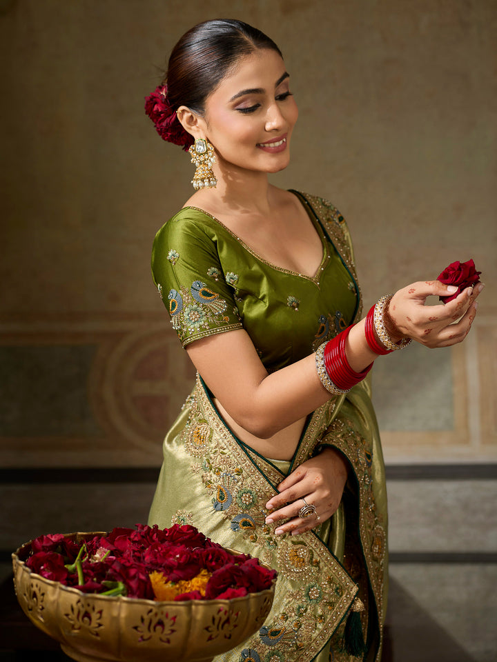 Olive-Green Art Silk Embroidered Sarees