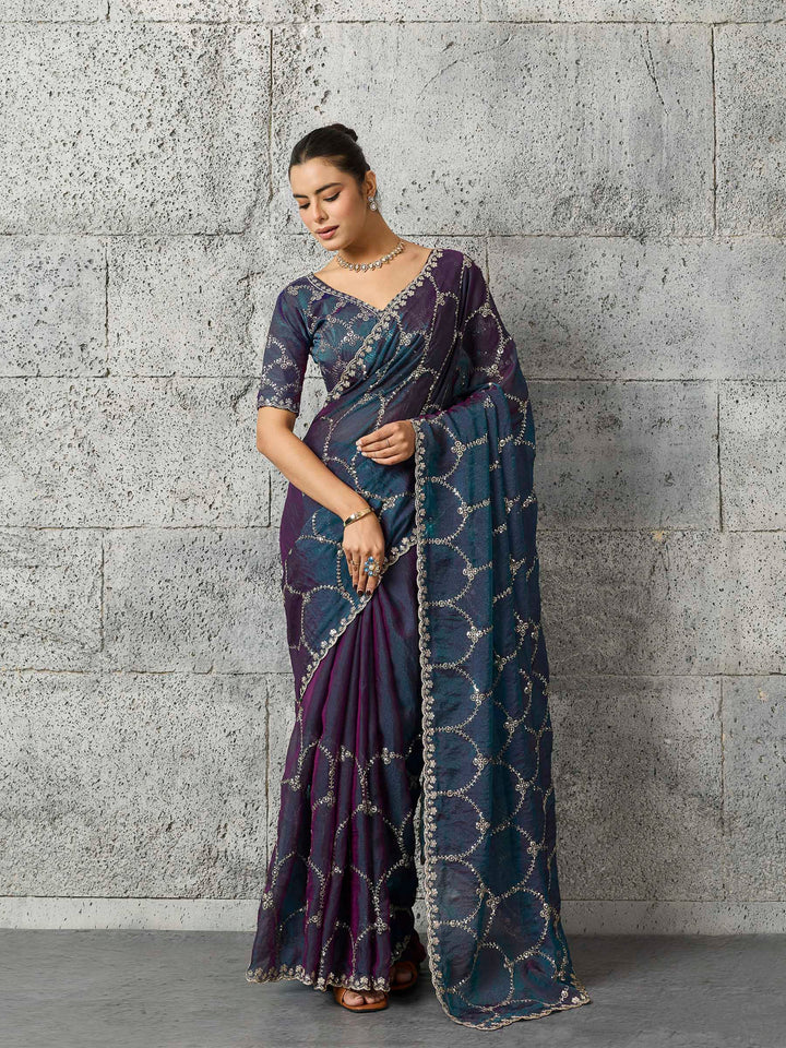 Teal-Blue Chiffon Embroidered Sarees