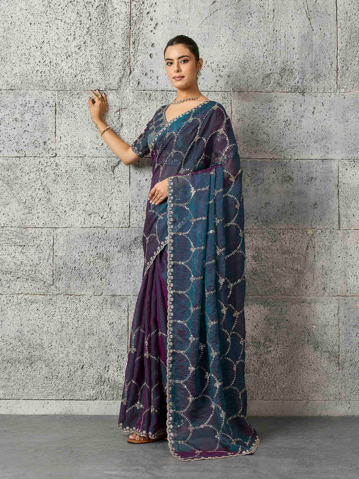 Teal-Blue Chiffon Embroidered Sarees
