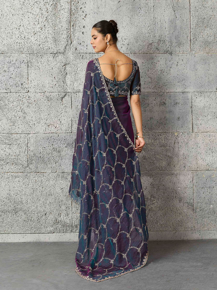 Teal-Blue Chiffon Embroidered Sarees