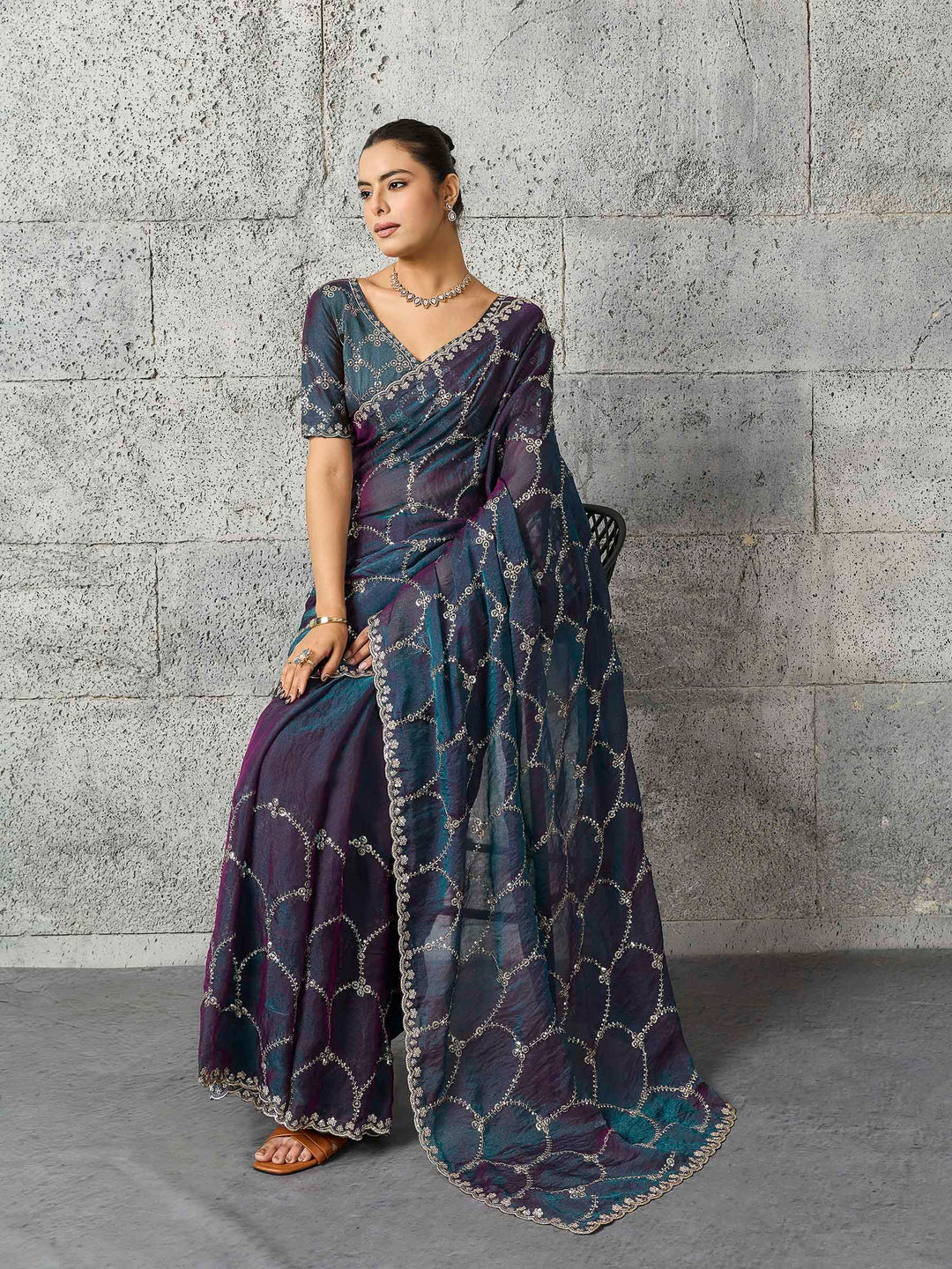Teal-Blue Chiffon Embroidered Sarees