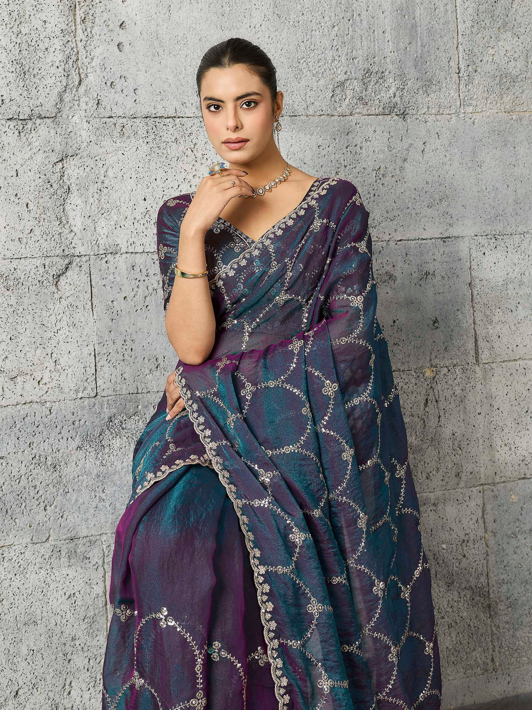 Teal-Blue Chiffon Embroidered Sarees