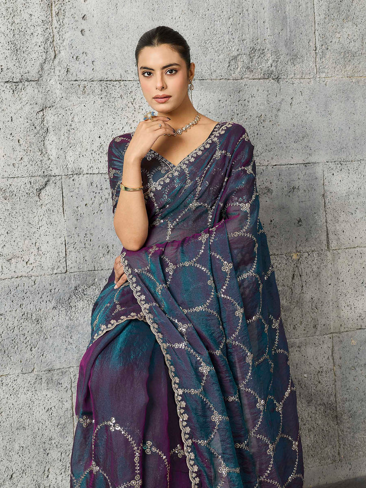Teal-Blue Chiffon Embroidered Sarees