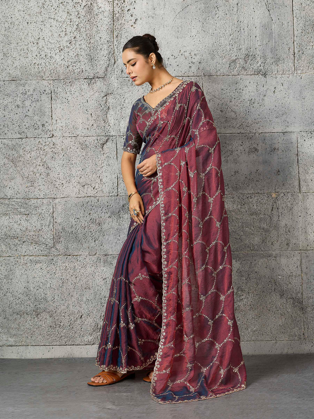 Brown Chiffon Embroidered Sarees