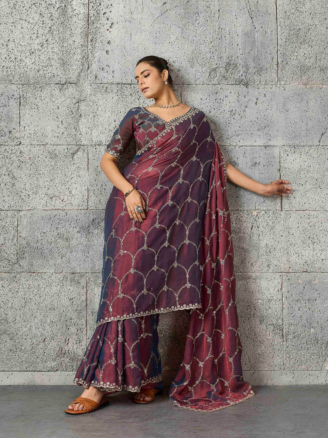 Brown Chiffon Embroidered Sarees