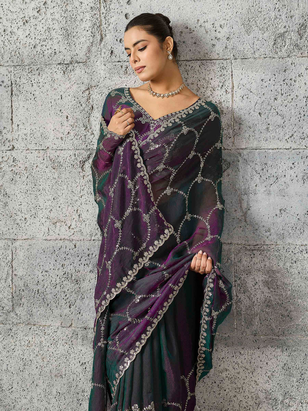 Magenta Chiffon Embroidered Sarees