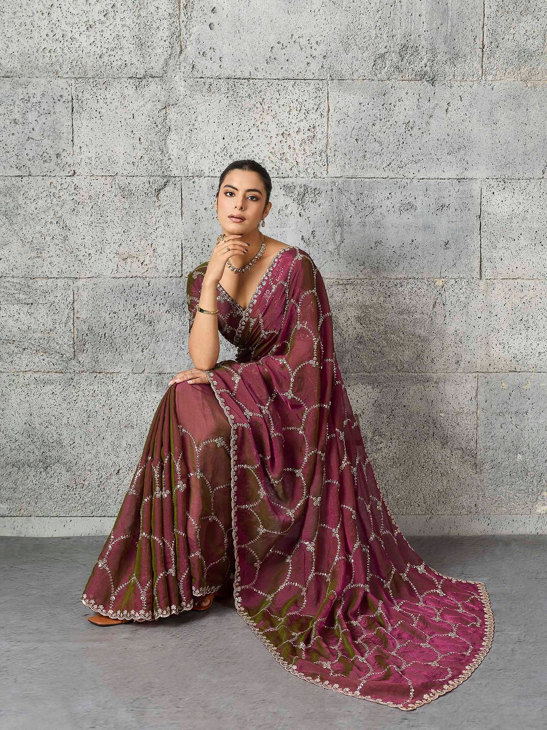 Rust Chiffon Embroidered Sarees