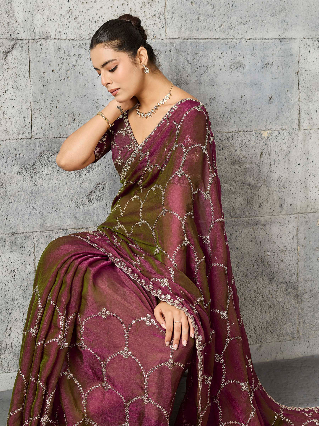 Rust Chiffon Embroidered Sarees