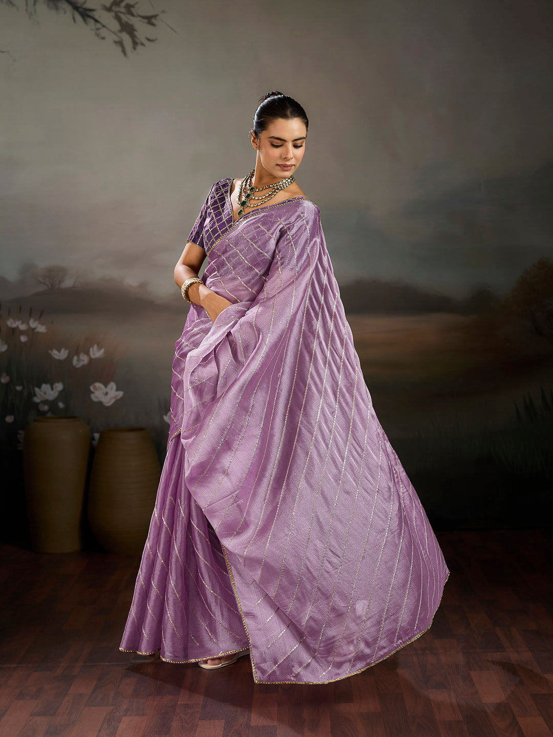 Lavender Chiffon Embroidered Sarees