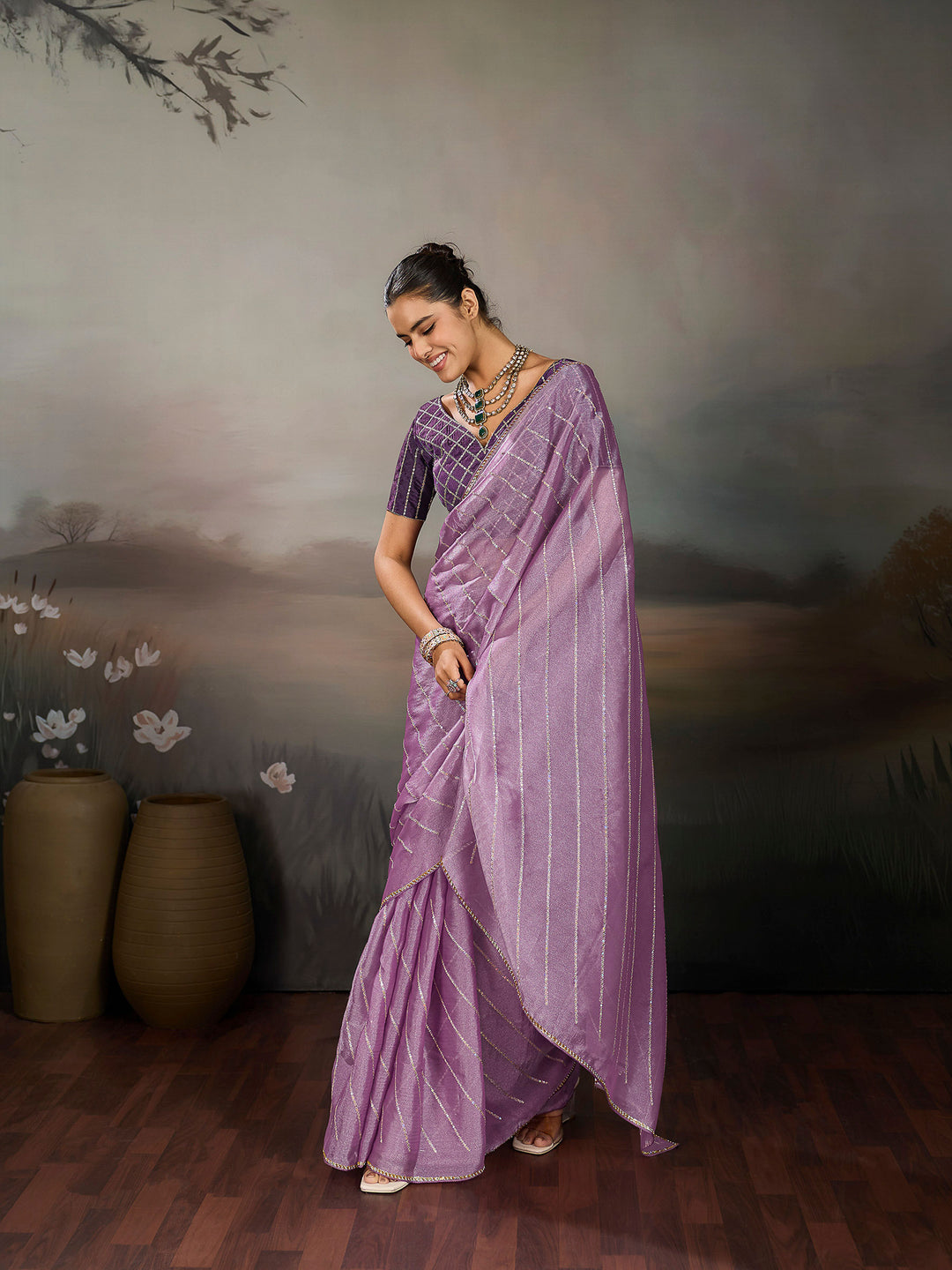 Lavender Chiffon Embroidered Sarees
