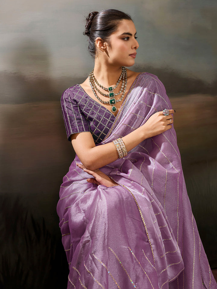 Lavender Chiffon Embroidered Sarees