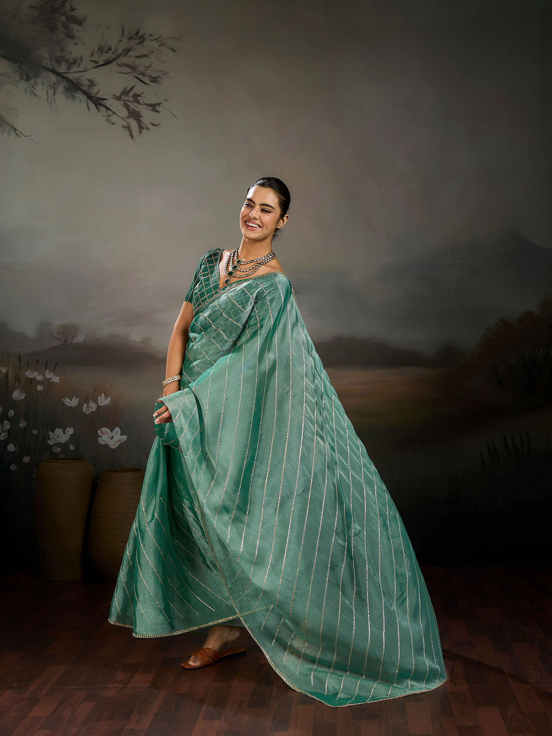 Mint Chiffon Embroidered Sarees
