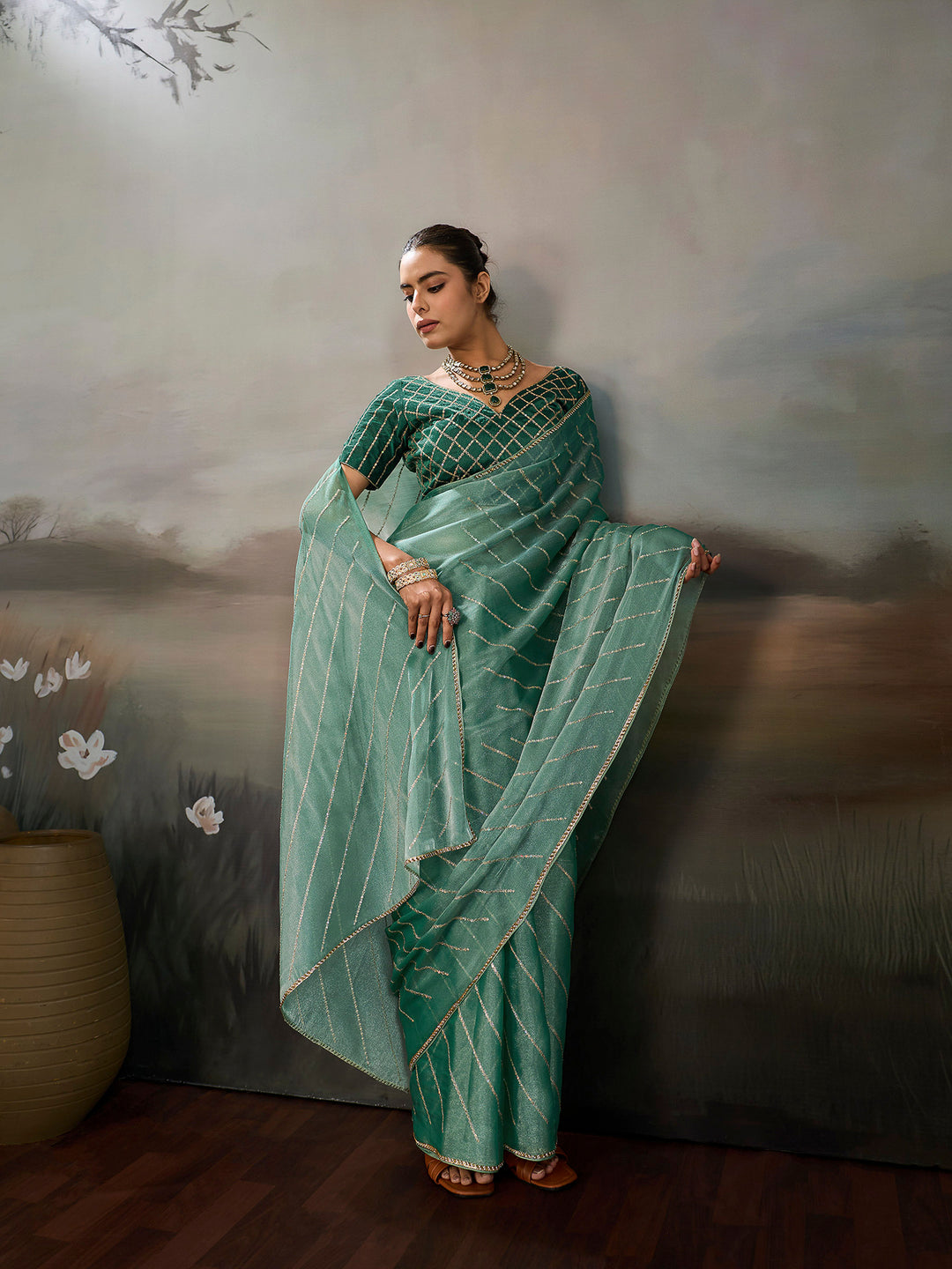Mint Chiffon Embroidered Sarees