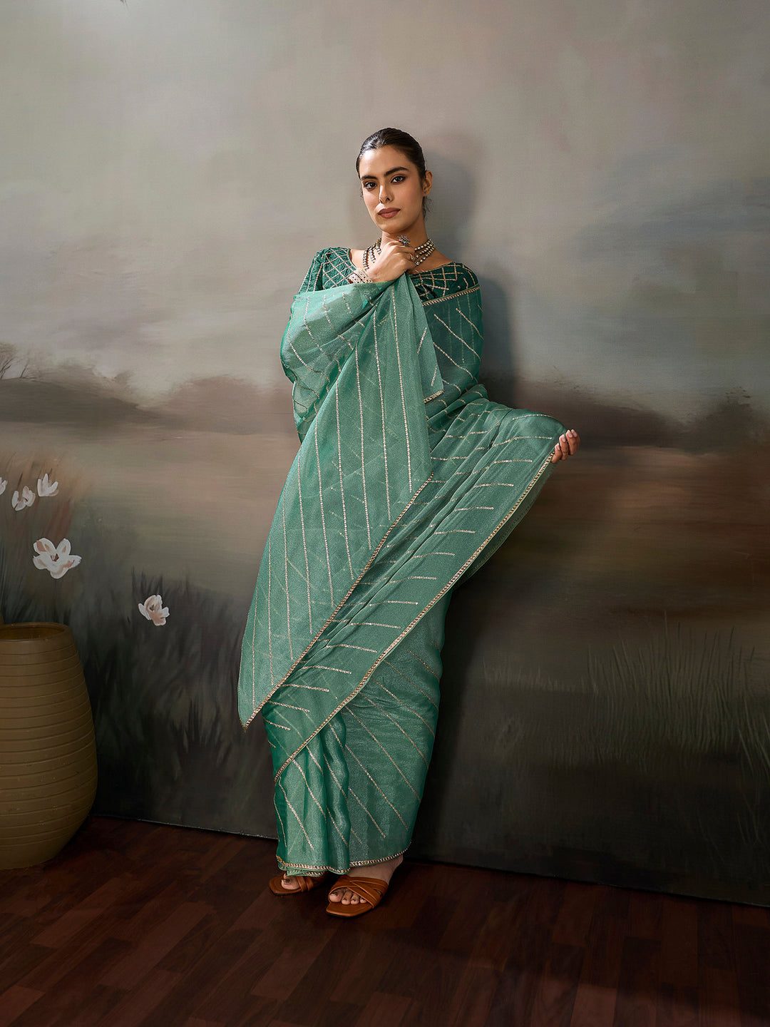 Mint Chiffon Embroidered Sarees