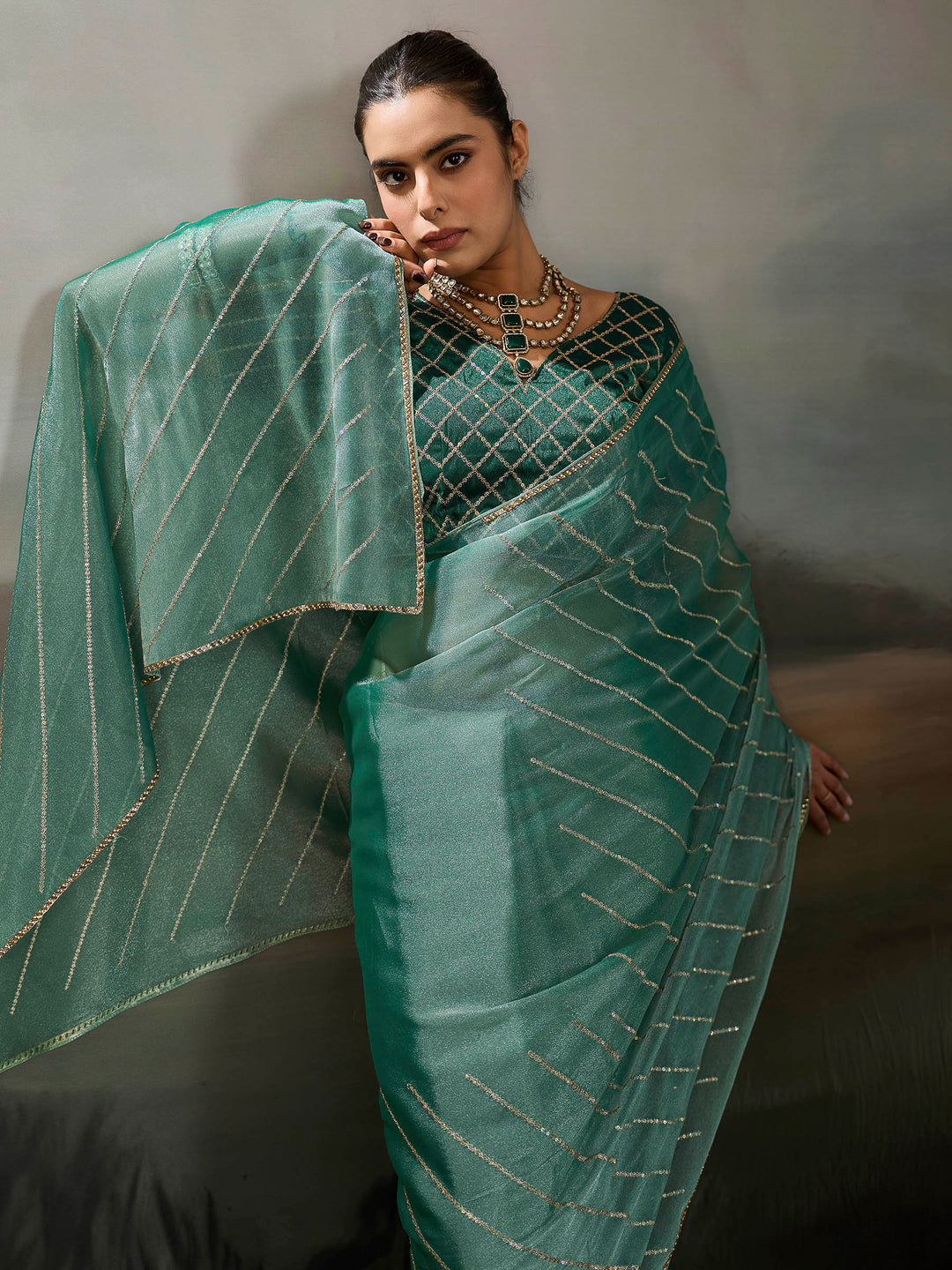 Mint Chiffon Embroidered Sarees